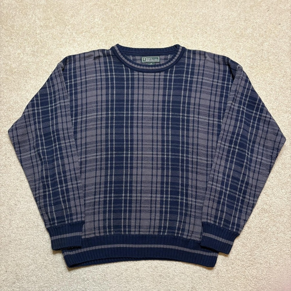 Vtg Croft & Barrow Sweater Mens Medium Blue Plaid Waffle Knit Crewneck‎ Pullover